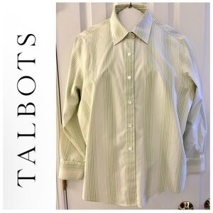 Talbots Petites Shirt women’s sz 16 button down, green & white stripes, cotton